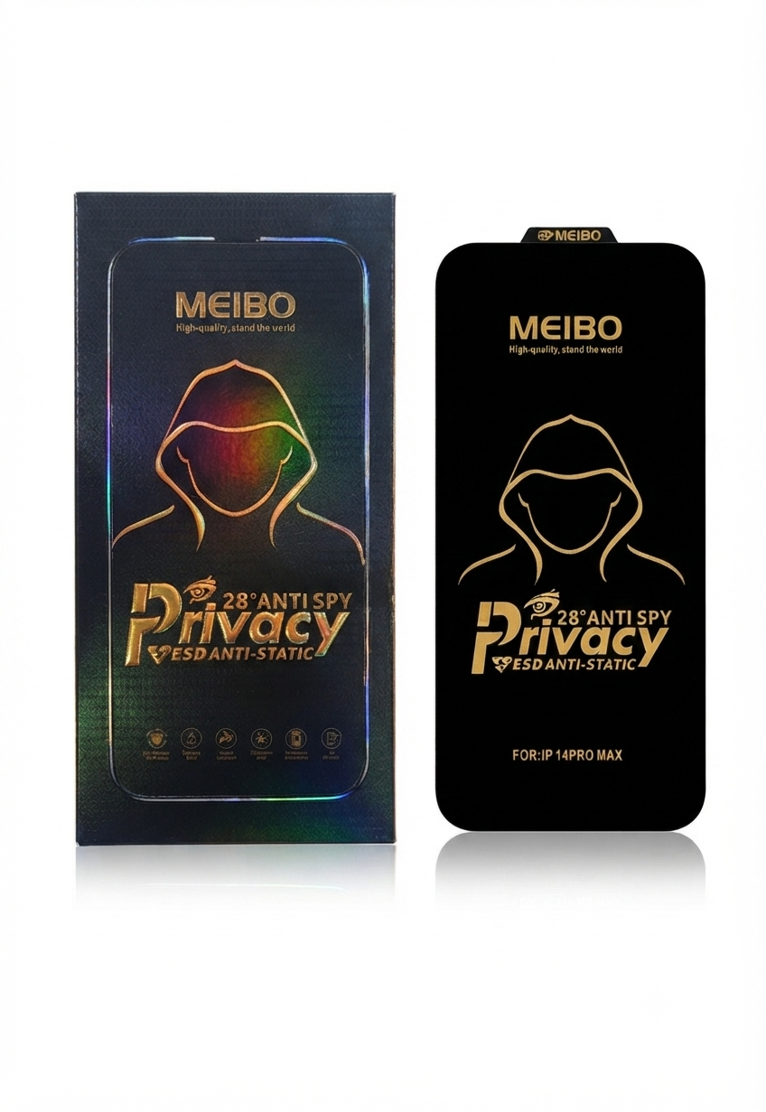 Iphone 14 Pro Max MEIBO" branded 28° anti-spy privacy screen protector designed for the iPhone