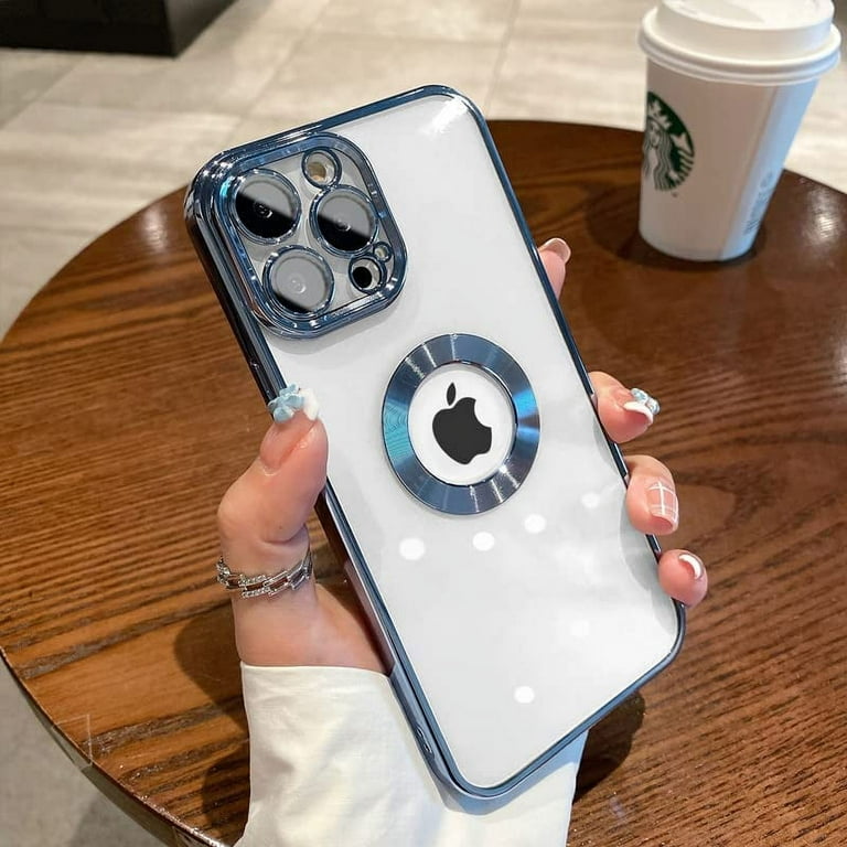 iPhone 14 Pro Case with Camera Lens Protector, Logo View for Women Men, Soft Plating Transparent Slim Ultrathin
