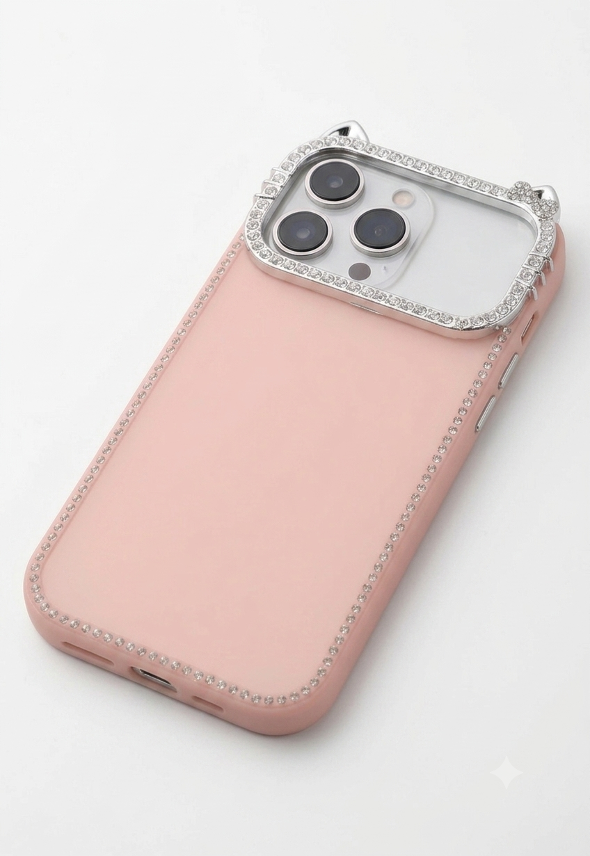 Sparkle Kitty Diamond Case Rhinestone-studded camera protection with a charming kitty ear design.