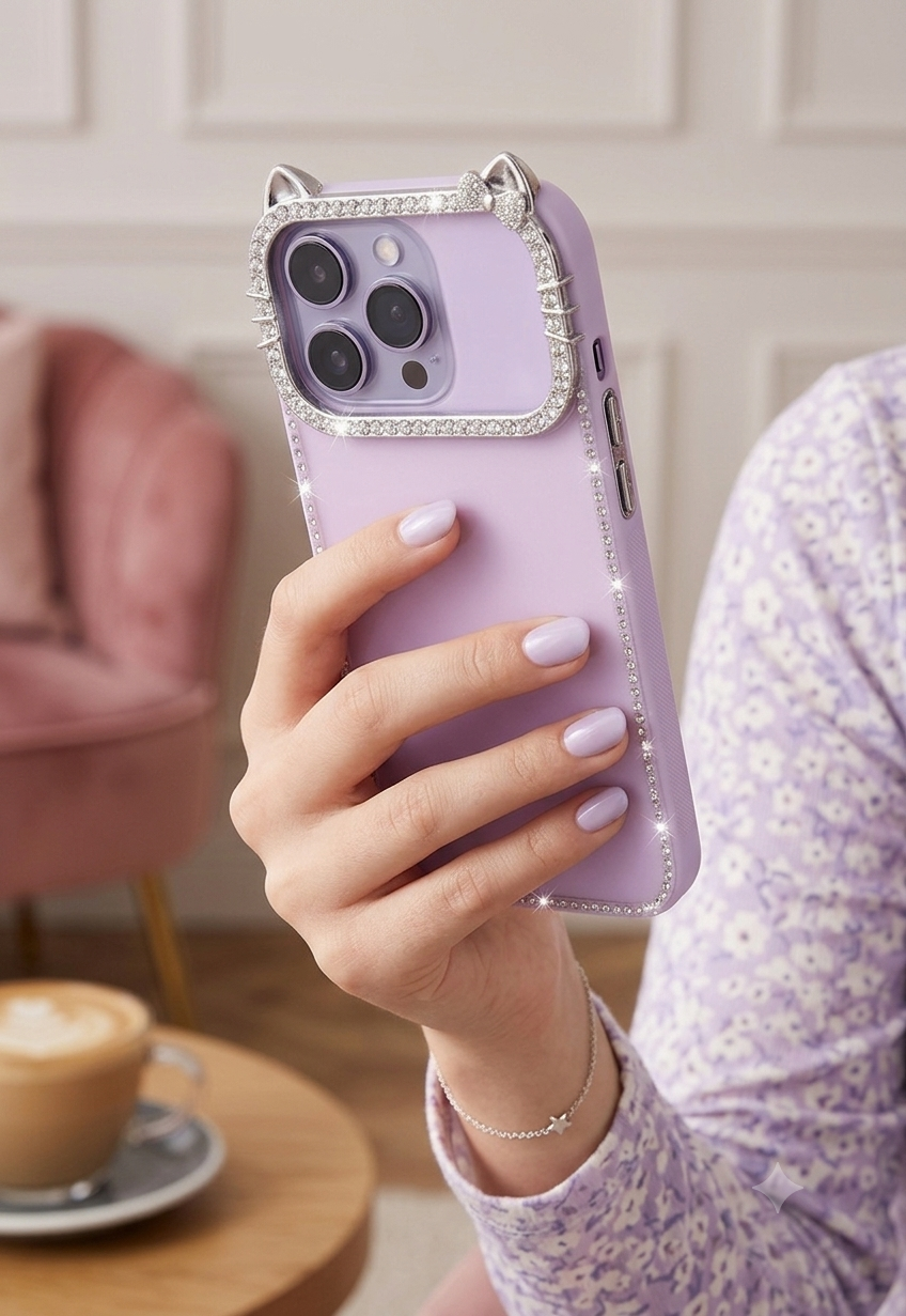 Sparkle Kitty Diamond Case Rhinestone-studded camera protection with a charming kitty ear design.
