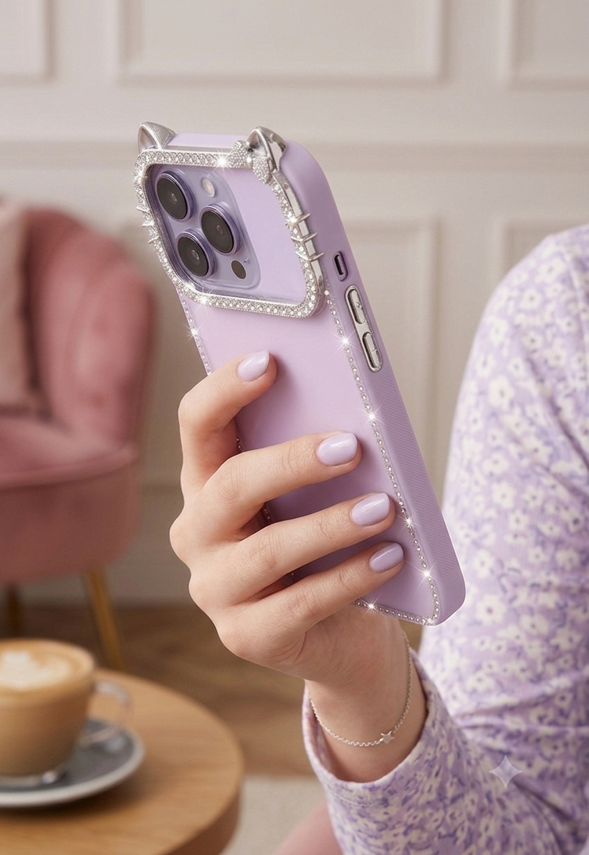 Sparkle Kitty Diamond Case Rhinestone-studded camera protection with a charming kitty ear design.