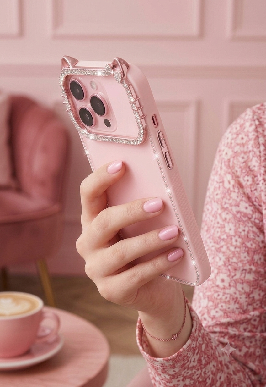 Sparkle Kitty Diamond Case Rhinestone-studded camera protection with a charming kitty ear design.