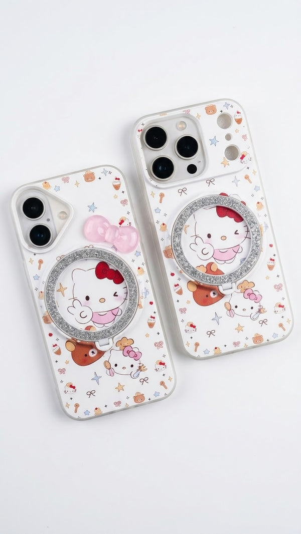Cute 3D Hello Kitty Case with Glitter Ring Holder & Bow – Premium Aesthetic Shockproof Silicon Back Cover