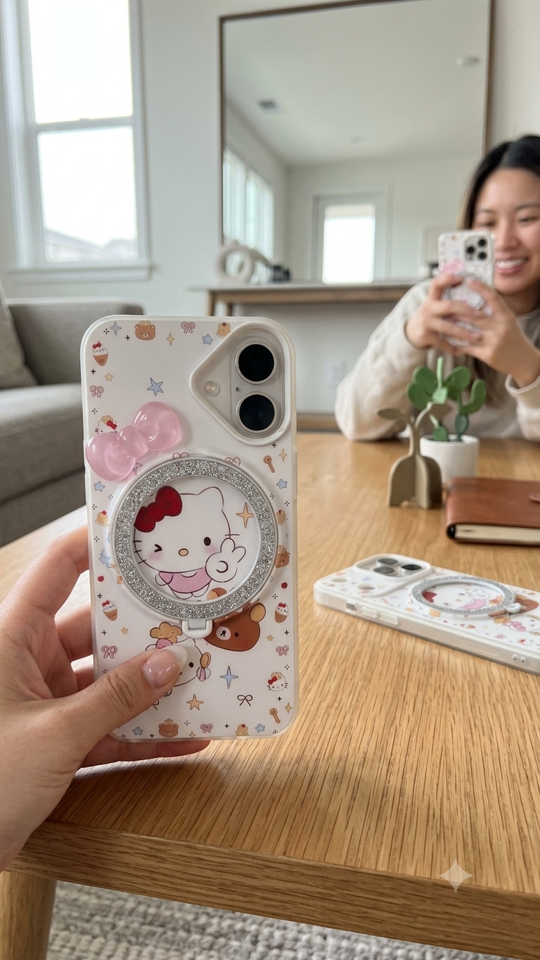 Cute 3D Hello Kitty Case with Glitter Ring Holder & Bow – Premium Aesthetic Shockproof Silicon Back Cover