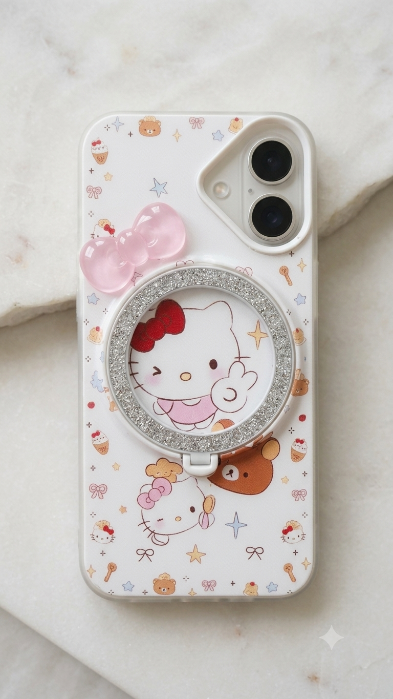 Cute 3D Hello Kitty Case with Glitter Ring Holder & Bow – Premium Aesthetic Shockproof Silicon Back Cover