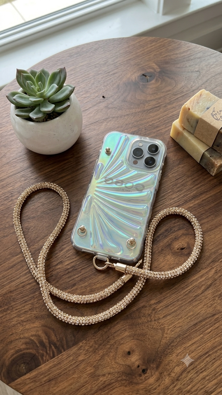Luxury Holographic Iridescent Wave Case with Detachable Luxury Rhinestone Crossbody Strap Lanyard – Premium Shockproof Protective Cover