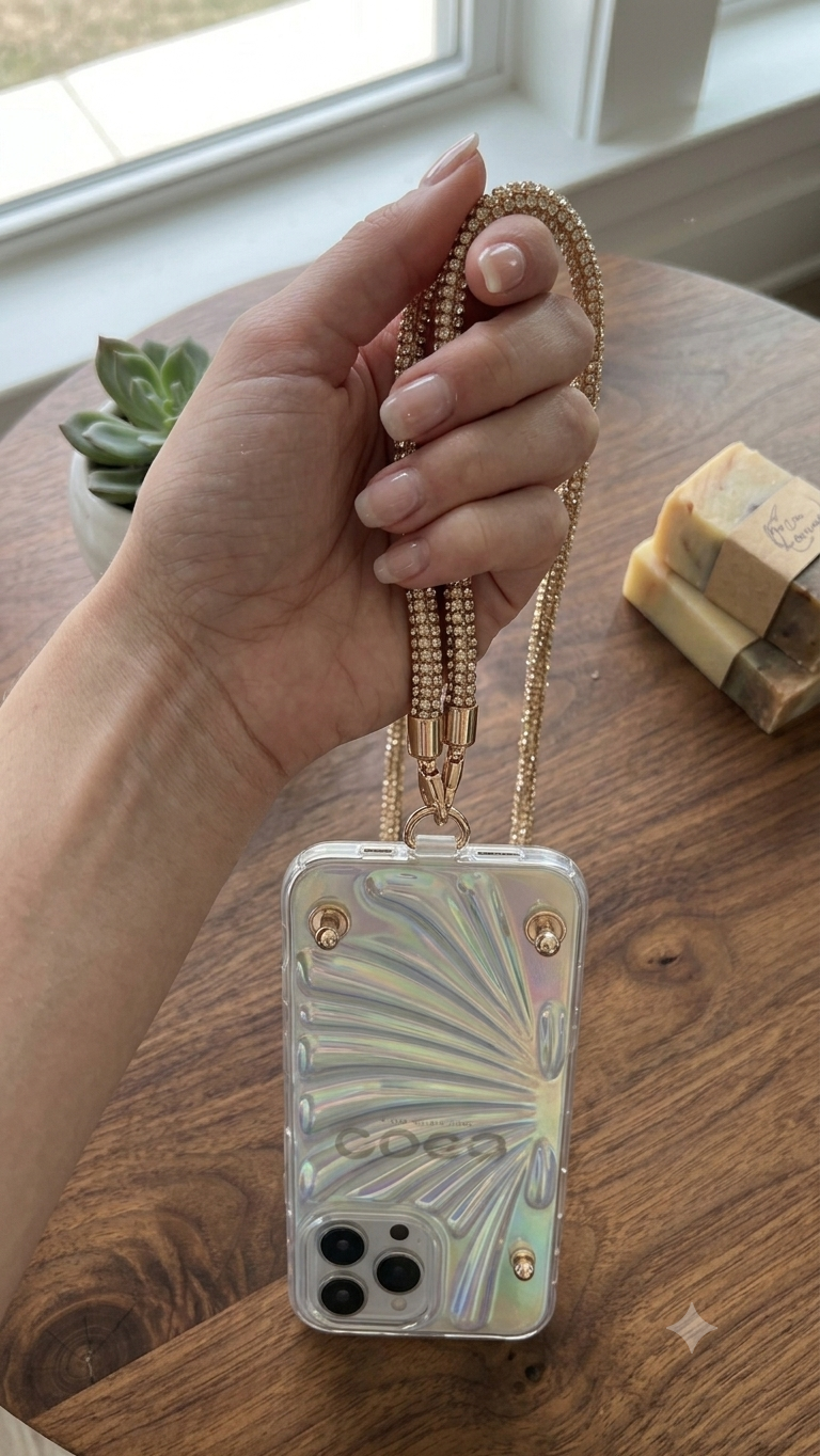 Luxury Holographic Iridescent Wave Case with Detachable Luxury Rhinestone Crossbody Strap Lanyard – Premium Shockproof Protective Cover