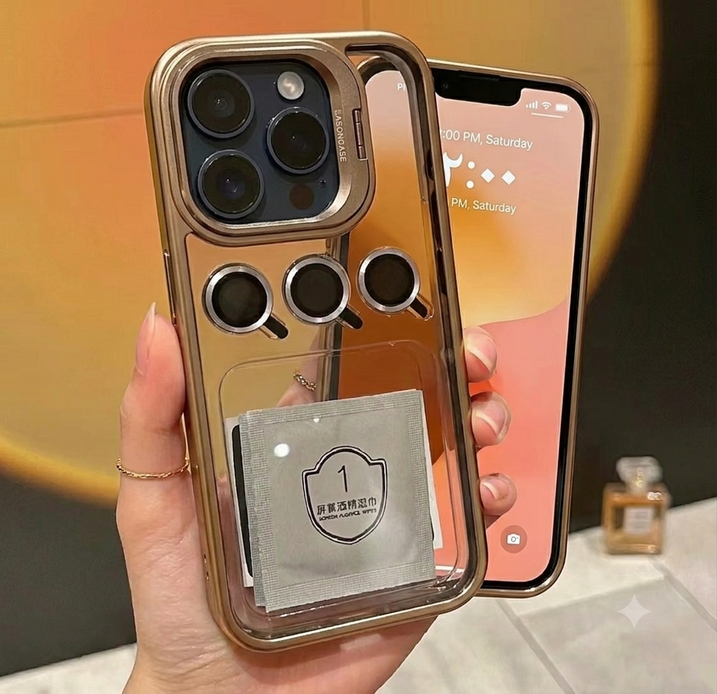 Luxury Titanium Grey Lens Flip Bracket Case for iPhone 16 Plus | Premium Shockproof Clear Cover with Built-in Camera Protector & Kickstand