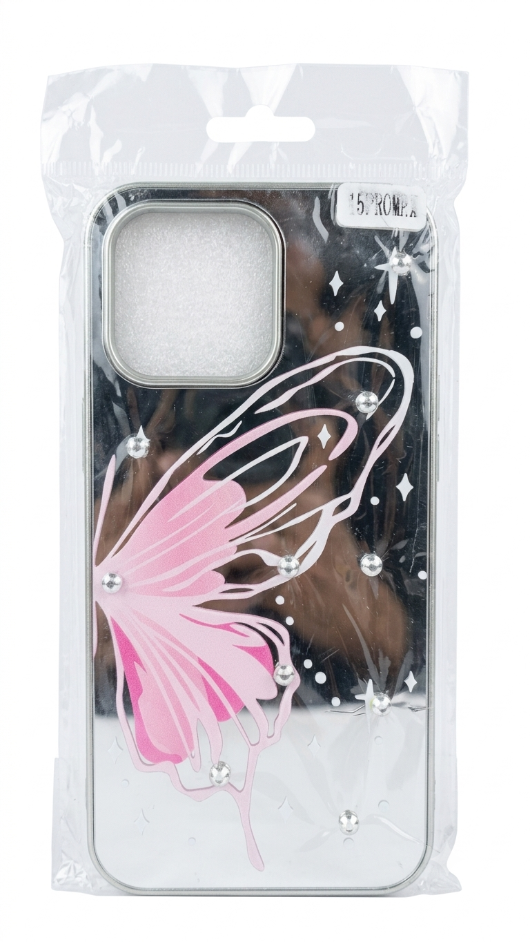 Mirror Butterfly Case with Rhinestone Accents – iPhone 15 Pro Max
