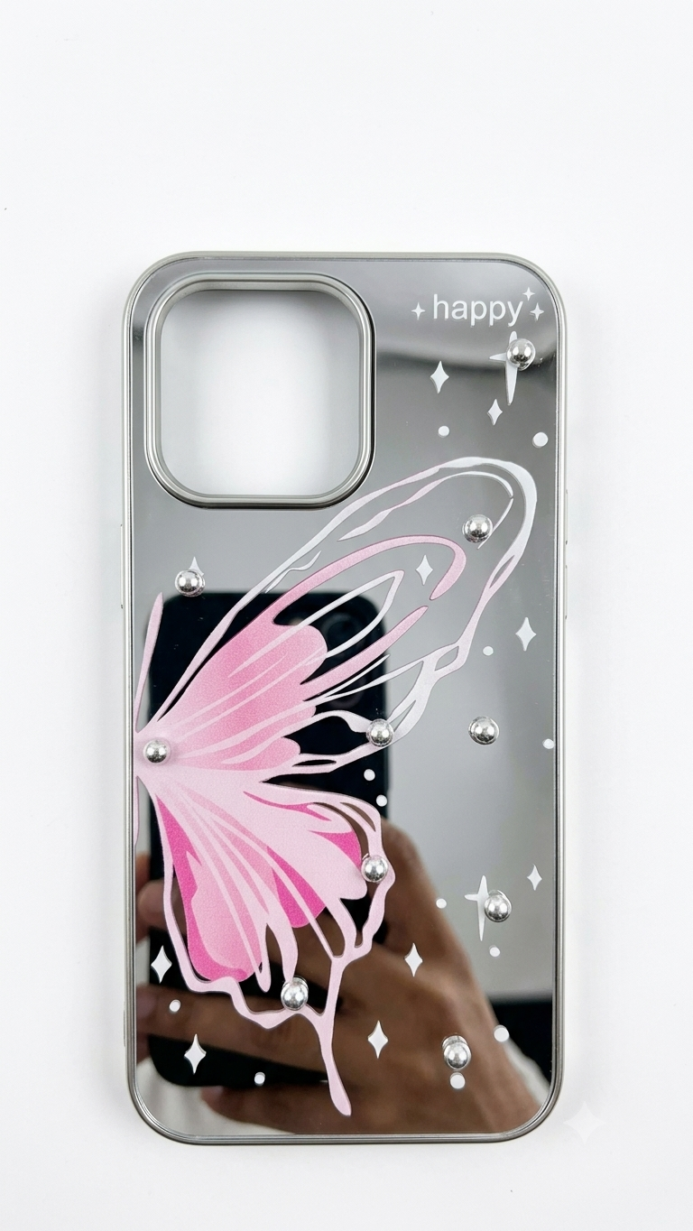 Mirror Butterfly Case with Rhinestone Accents – iPhone 15 Pro Max