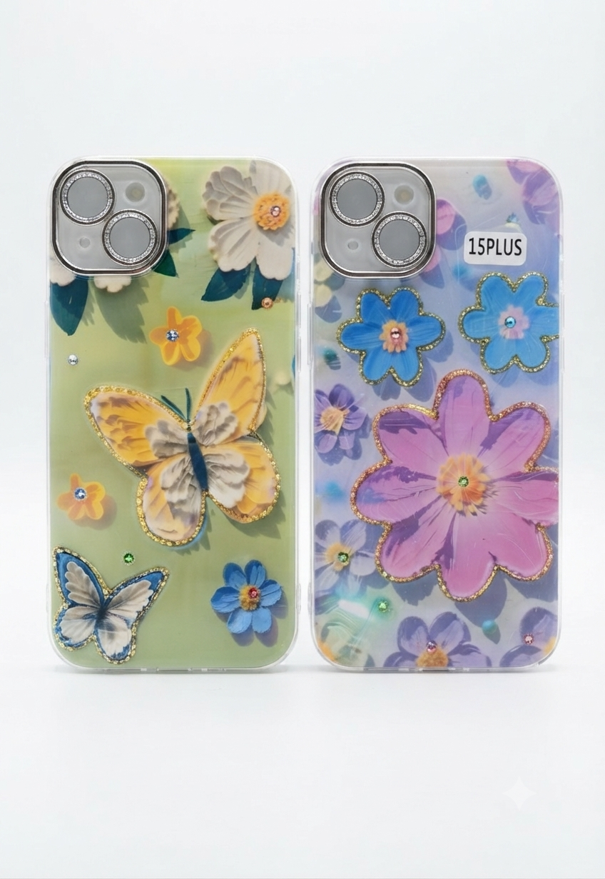 Premium Floral & Butterfly Embellished Protective Case for iPhone 14/15 Plus