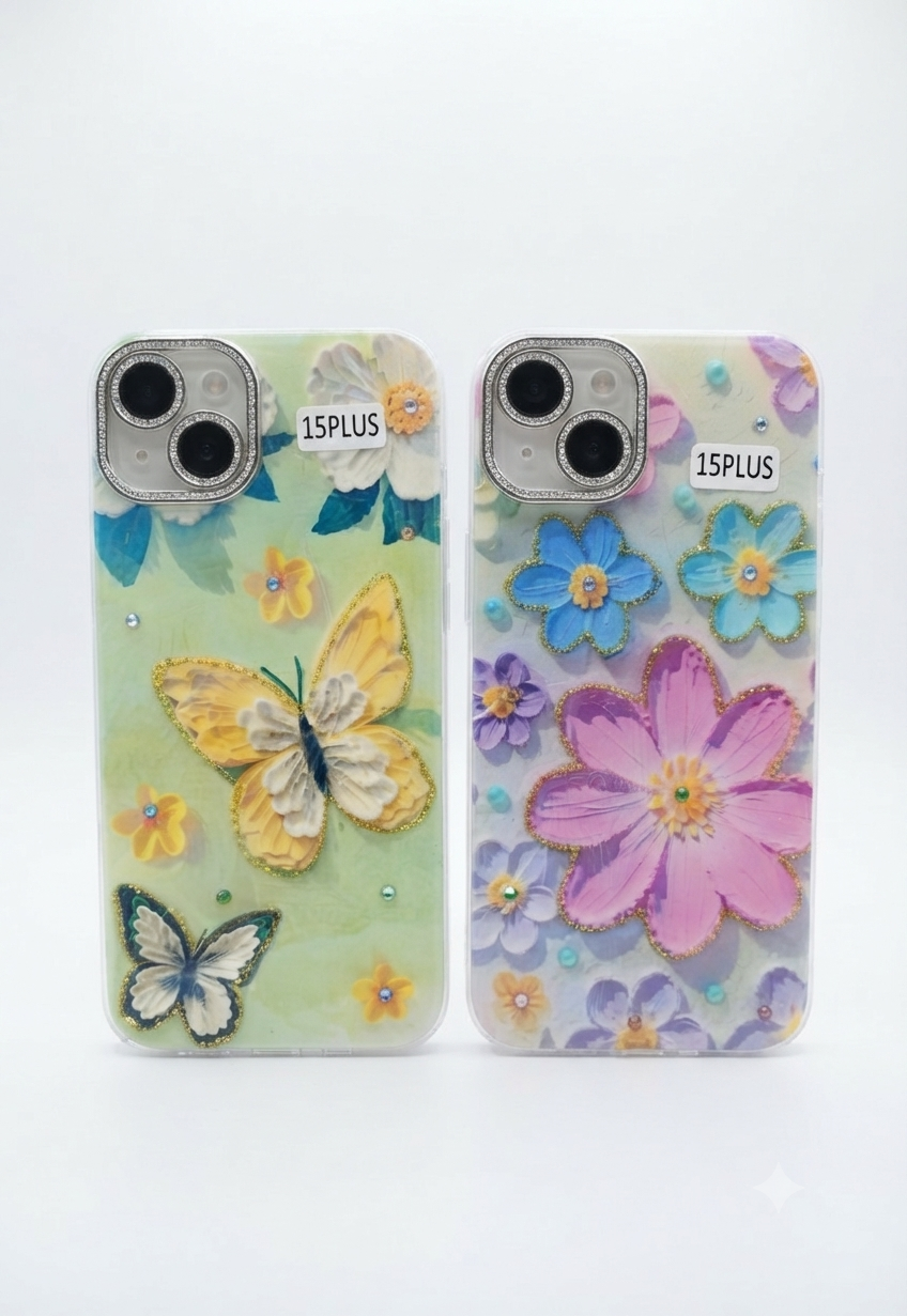 Premium Floral & Butterfly Embellished Protective Case for iPhone 14/15 Plus