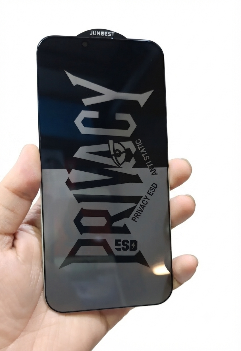 Iphone JUNBEST" branded privacy-focused tempered glass screen protector (specifically labeled as "Privacy ESD" and "Anti-Static"