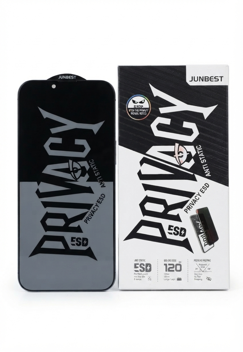 Iphone JUNBEST" branded privacy-focused tempered glass screen protector (specifically labeled as "Privacy ESD" and "Anti-Static"