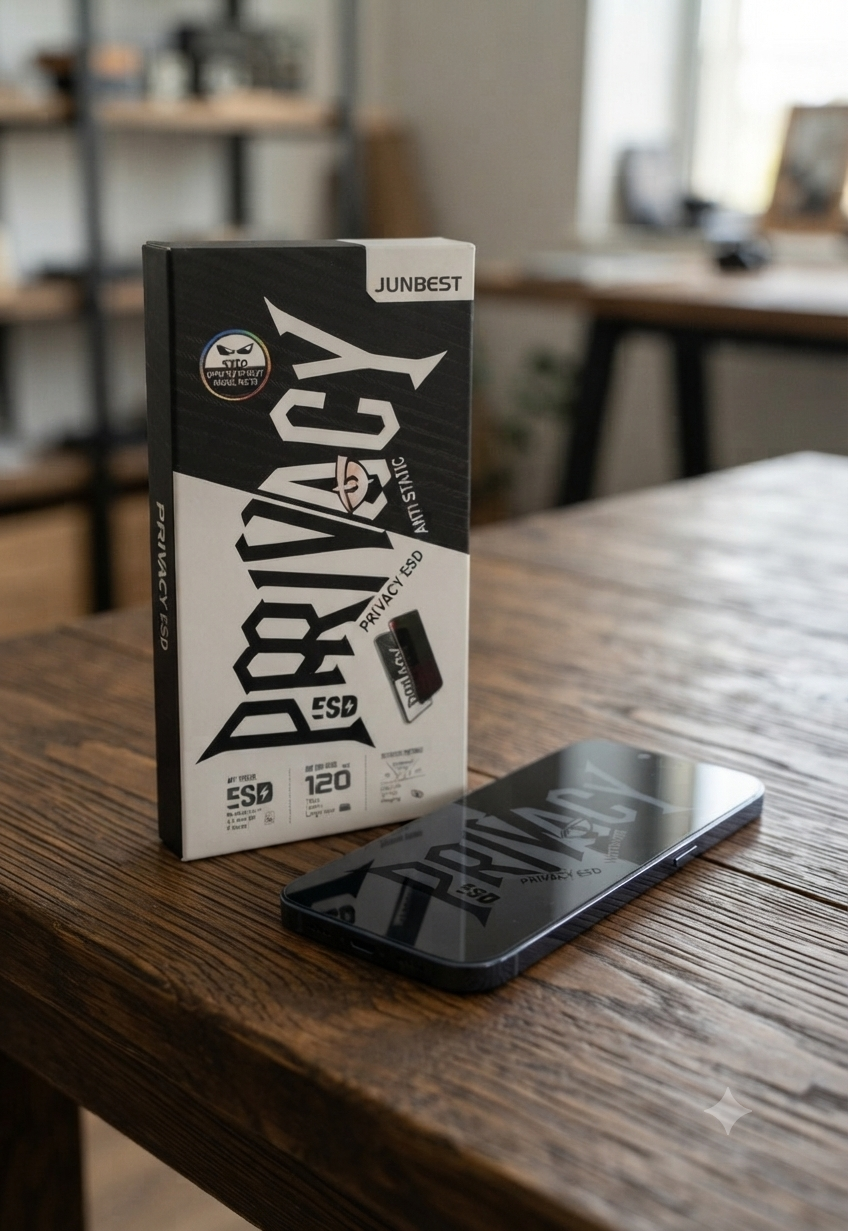 Iphone JUNBEST" branded privacy-focused tempered glass screen protector (specifically labeled as "Privacy ESD" and "Anti-Static"
