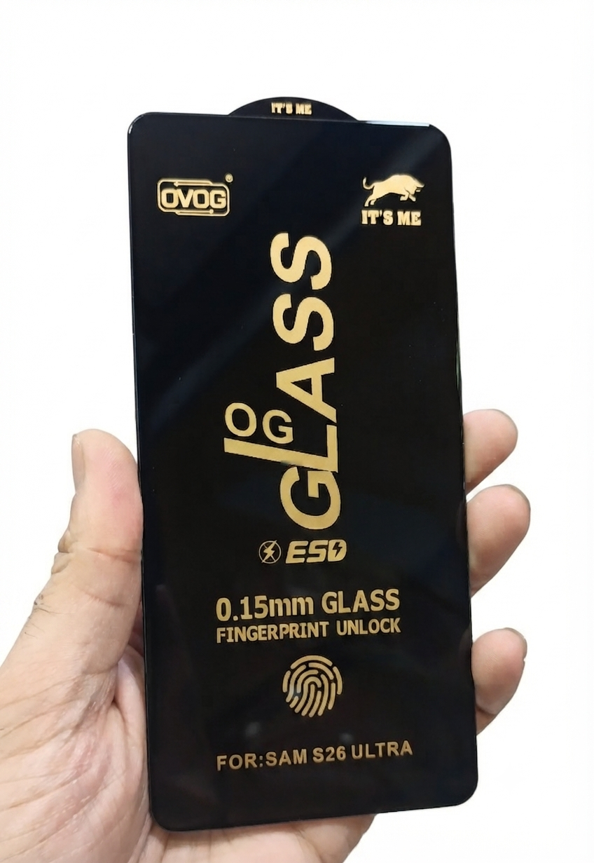 Samsung Galaxy S26 Ultra OVOG" branded High-Quality, Full-Glue Glass Screen Protector Specifically Designed For The Samsung S26 Ultra.