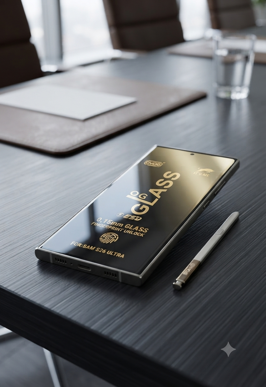Samsung Galaxy S26 Ultra OVOG" branded High-Quality, Full-Glue Glass Screen Protector Specifically Designed For The Samsung S26 Ultra.