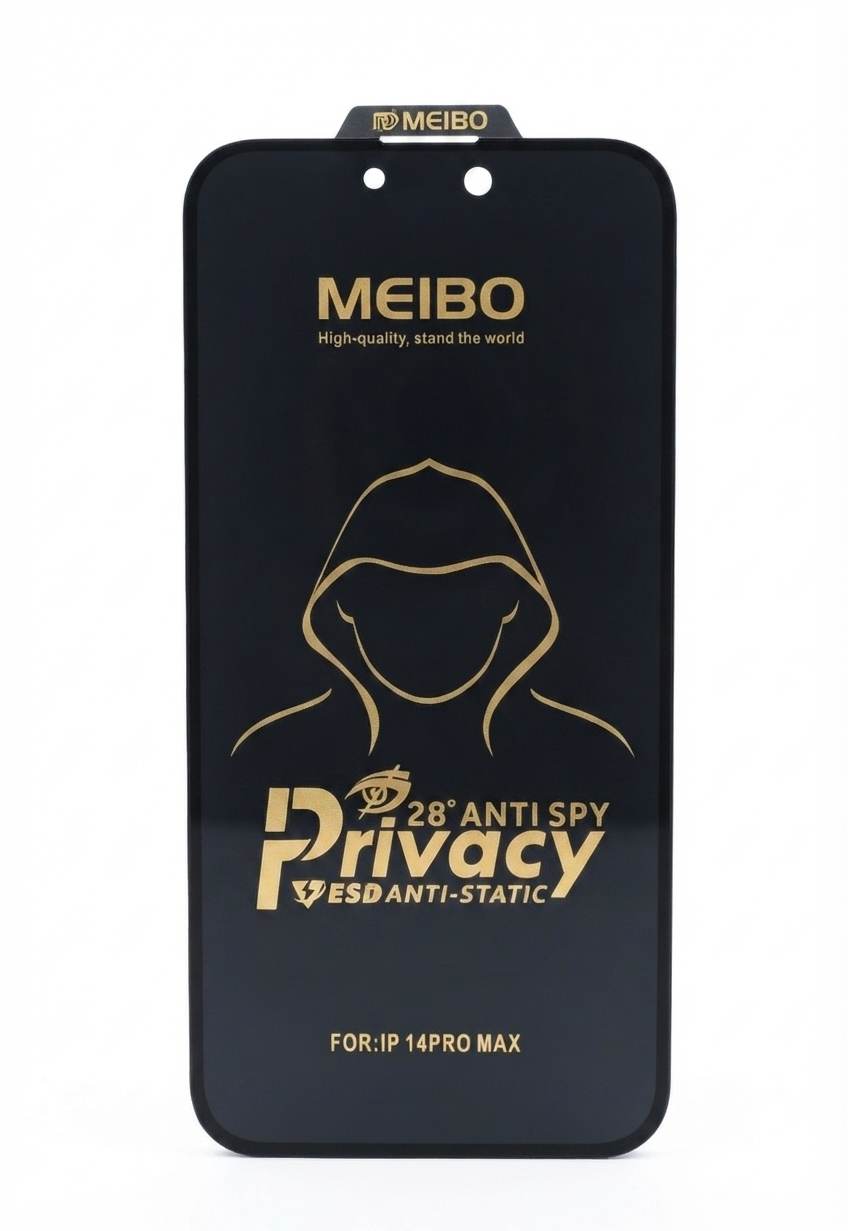 Iphone 14 Pro Max MEIBO" branded 28° anti-spy privacy screen protector designed for the iPhone