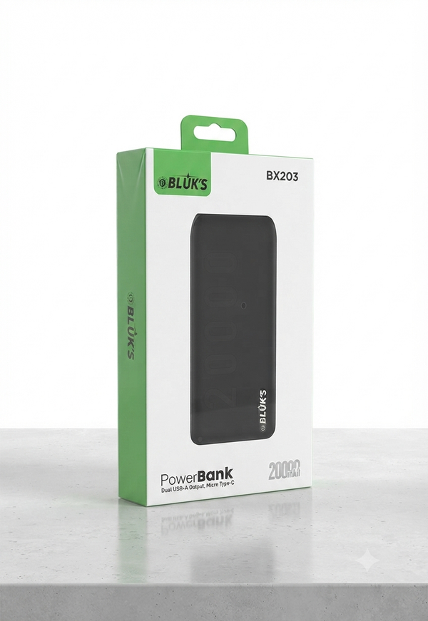 Bluk's 20000mAh Power Bank – Dual USB-A Output with Micro USB & USB Type-C Input