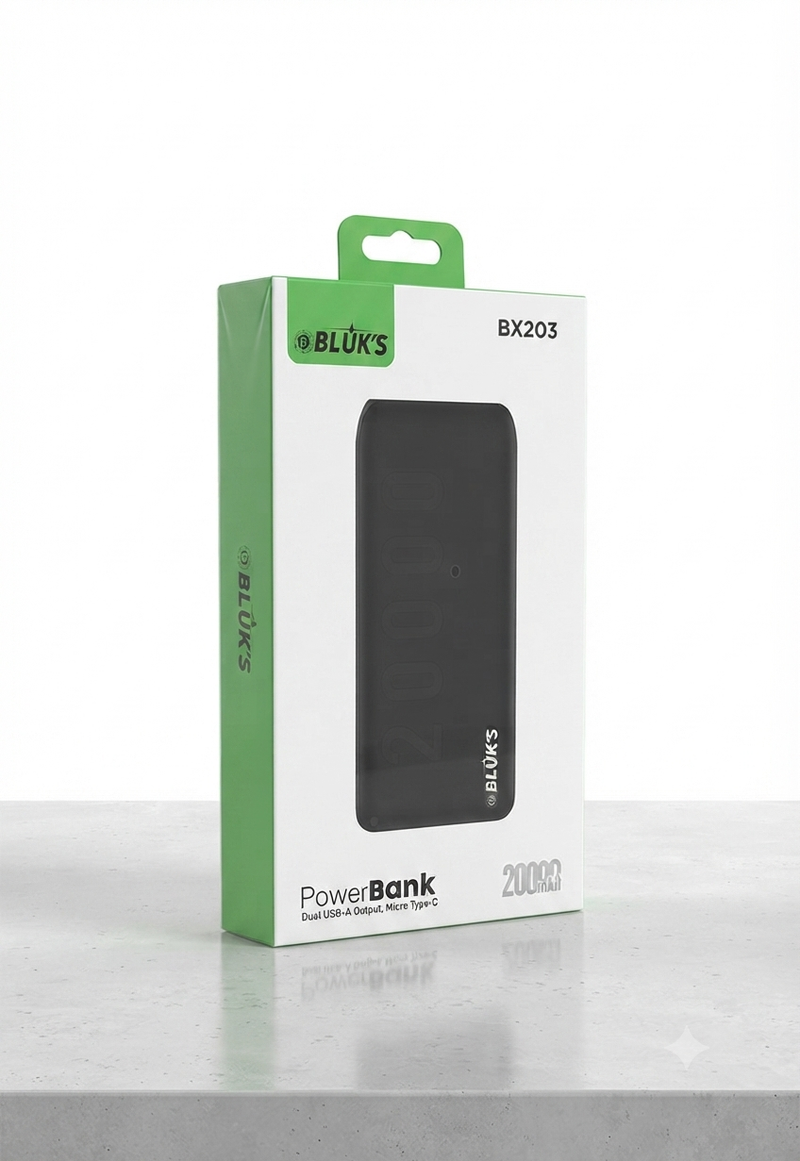 Bluk's 20000mAh Power Bank – Dual USB-A Output with Micro USB & USB Type-C Input
