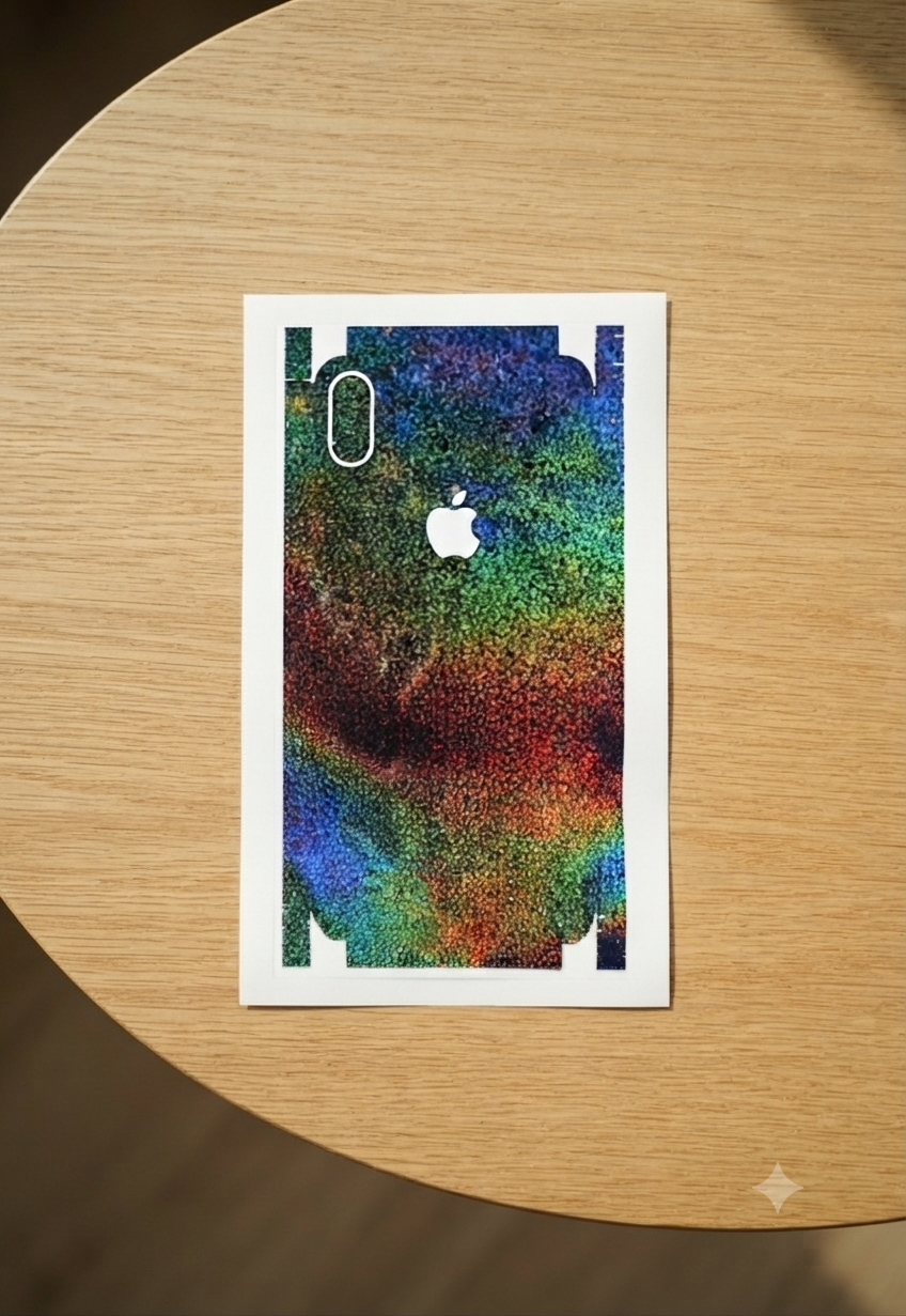 Premium Holographic Laser Skin Sticker for iPhone featuring a stunning rainbow reflective finish.