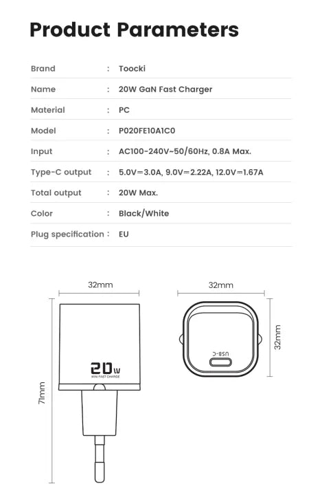 TOOCKI TCT20 PD 20W USB-C Wall Charger Fast Charging Adapter EU Plug - White Best For iphone, Samsung