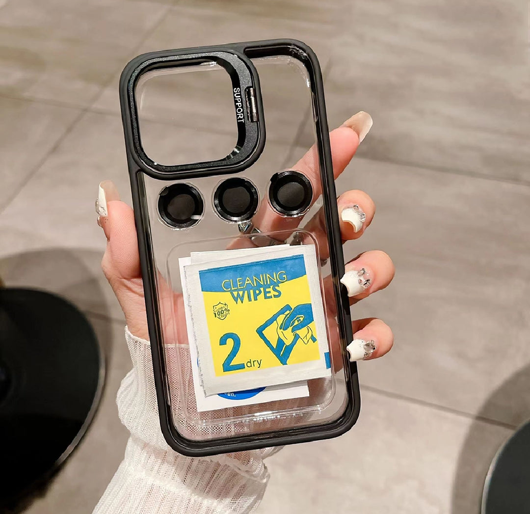 Luxury Titanium Grey Lens Flip Bracket Case for iPhone 16 Plus | Premium Shockproof Clear Cover with Built-in Camera Protector & Kickstand