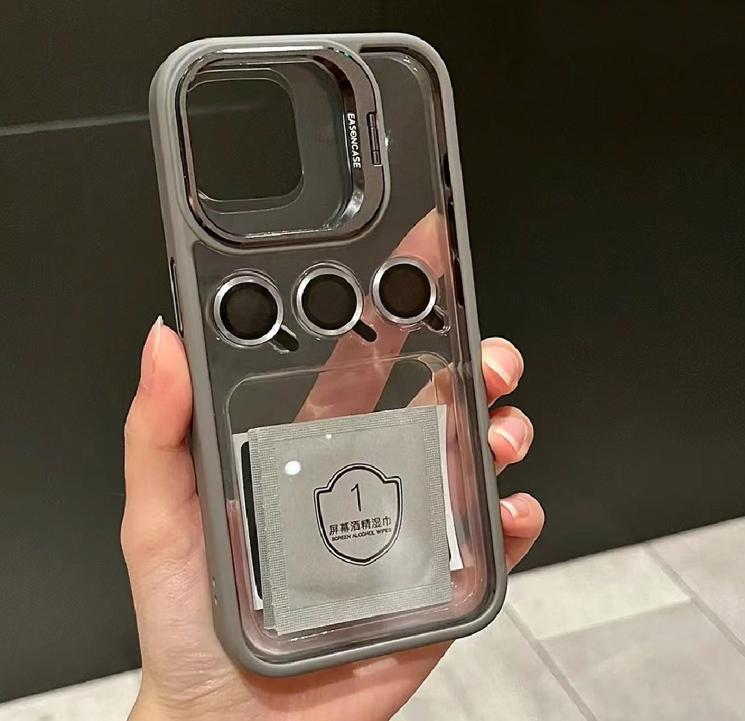 Luxury Titanium Grey Lens Flip Bracket Case for iPhone 16 Plus | Premium Shockproof Clear Cover with Built-in Camera Protector & Kickstand