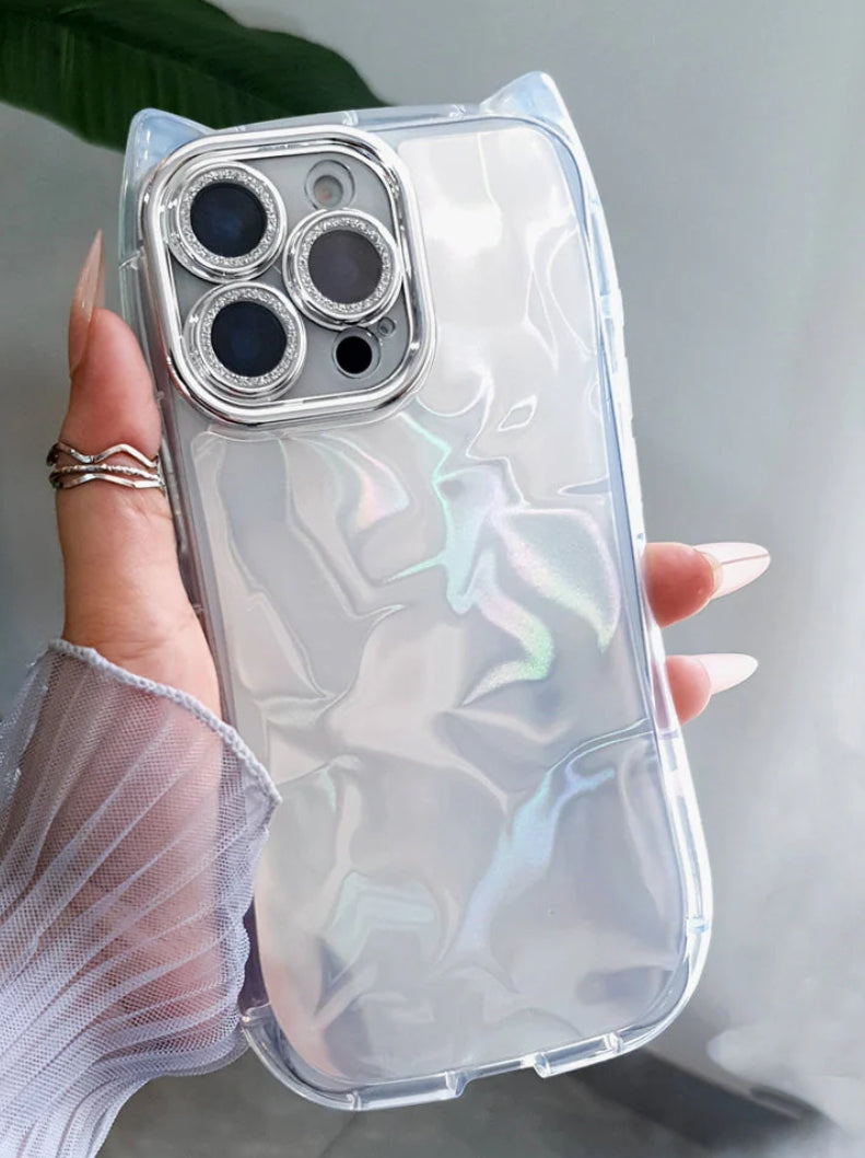 iPhone  Cover - Silver - Cute 3D Kawaii Glitter Sparkle Laser Water Ripple Pattern Curly Wavy With Camera Lens Protection Case