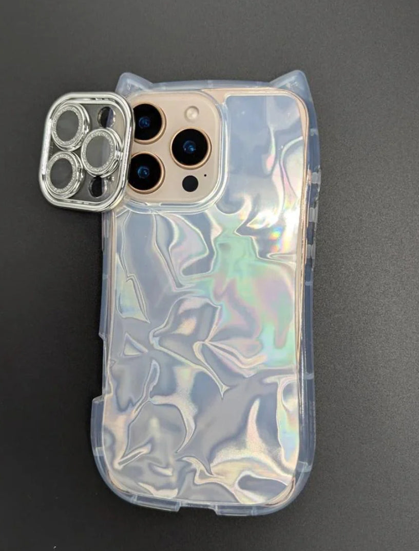 iPhone  Cover - Silver - Cute 3D Kawaii Glitter Sparkle Laser Water Ripple Pattern Curly Wavy With Camera Lens Protection Case