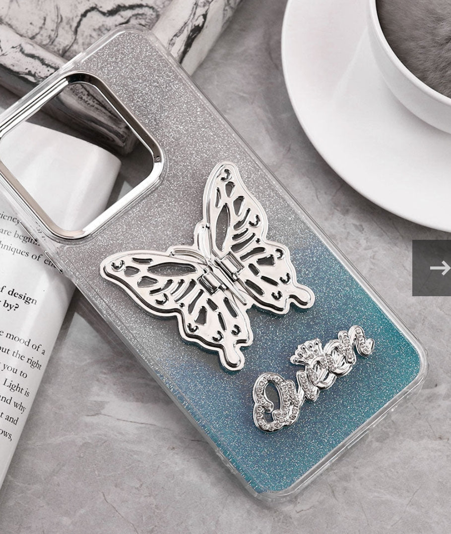 Infinix Smart 9 Cover Trendy Queen Dual Tone Gradient Gliter Shiny Soft Case With Butterfly Kickstand Holder