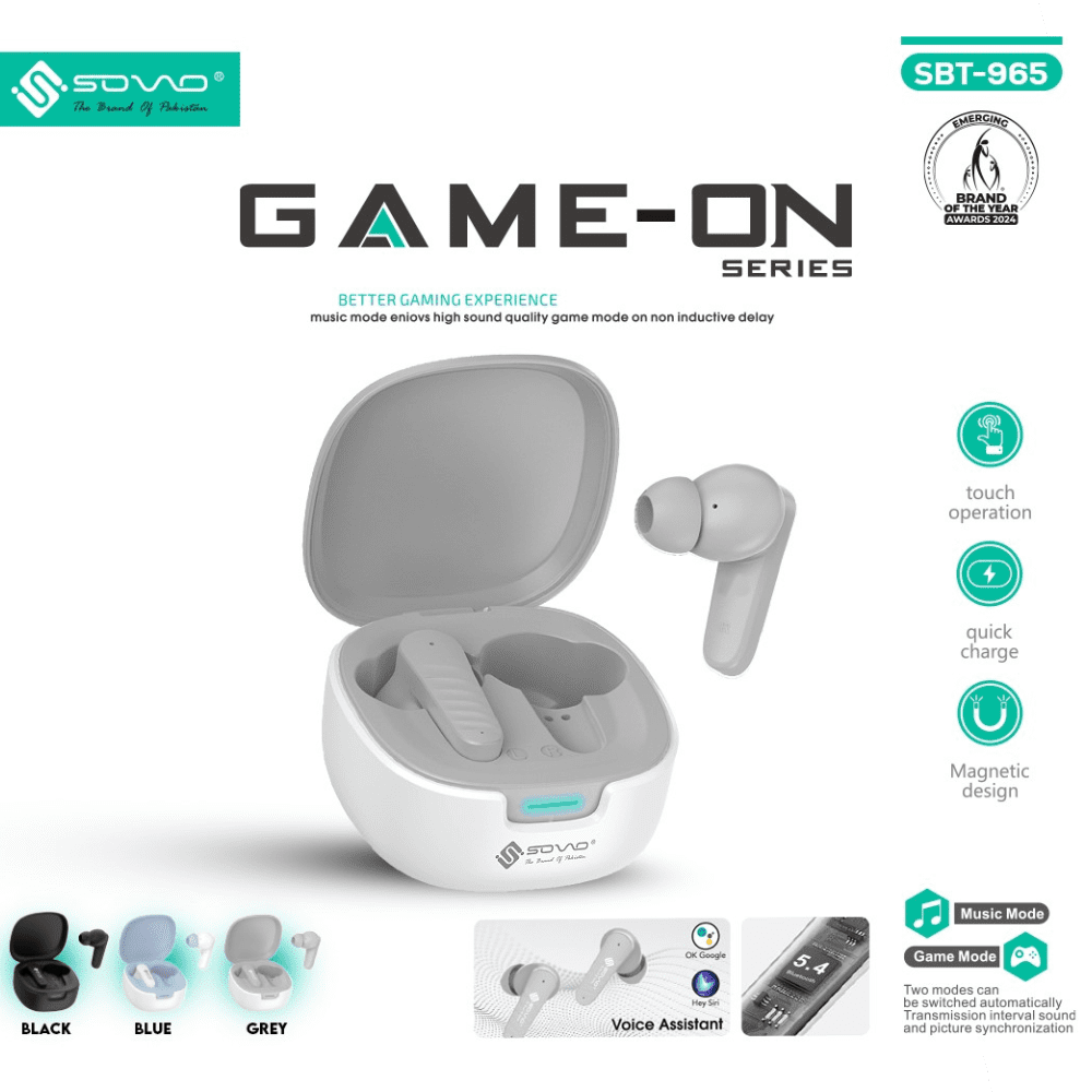 Sovo Game On SBT-965 Wireless Earbuds | HD Stereo Sound, Game Mode, Long Battery Life & ENC