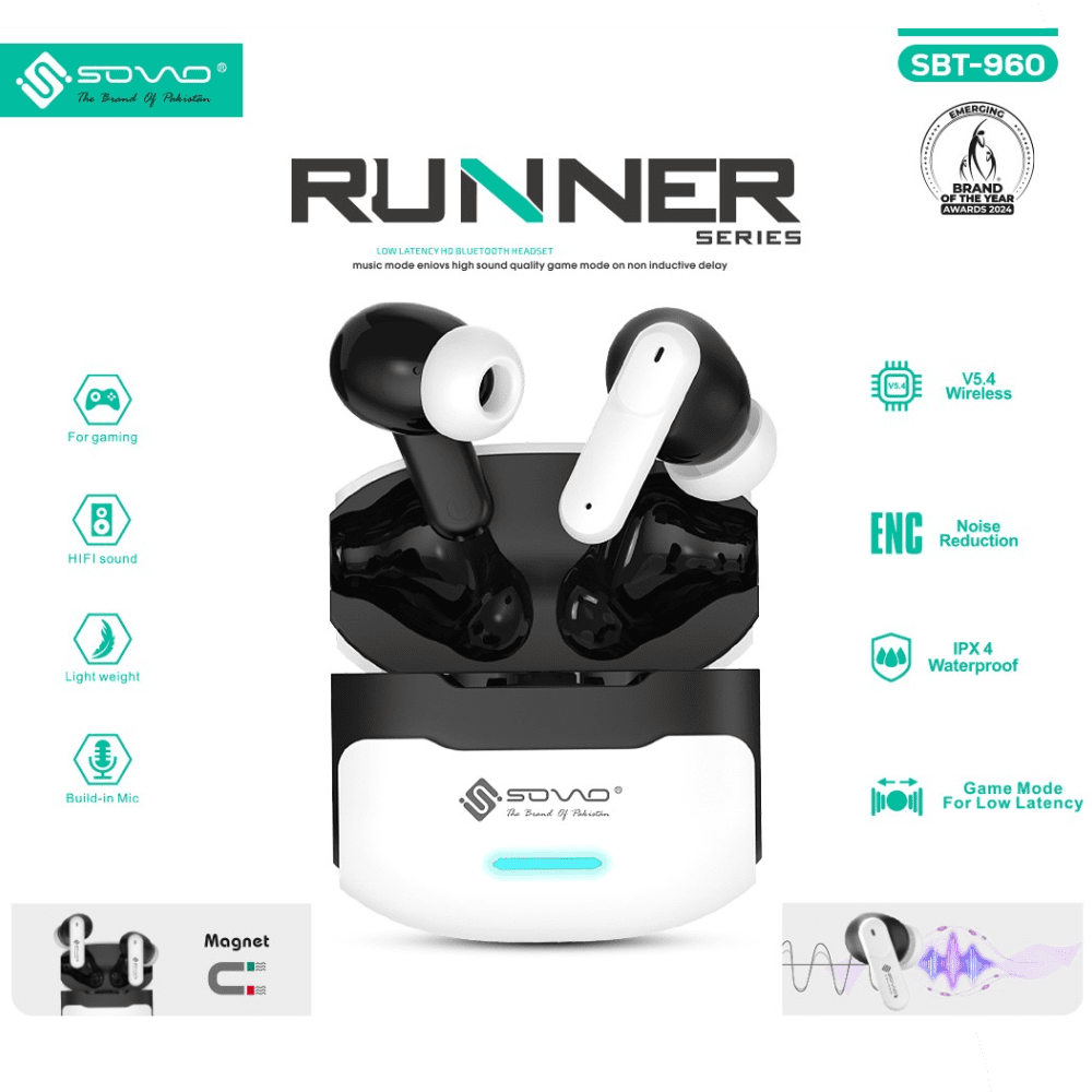 Sovo Runner SBT-960 Wireless Earbuds | HiFi Stereo Sound, Game Mode, Long Battery Life & ENC