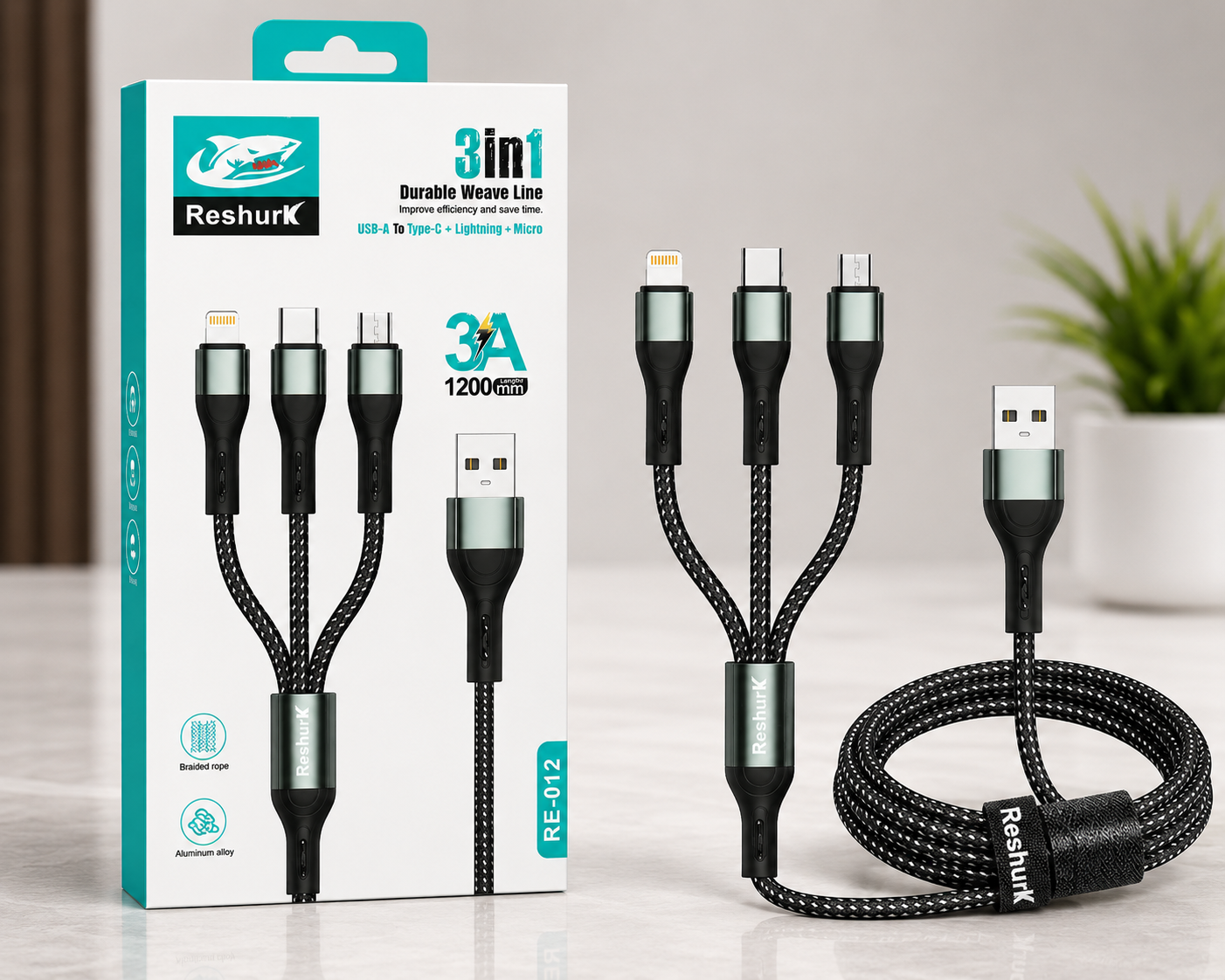 ReshurK 3-in-1 Fast Charging Cable (RE-012)
