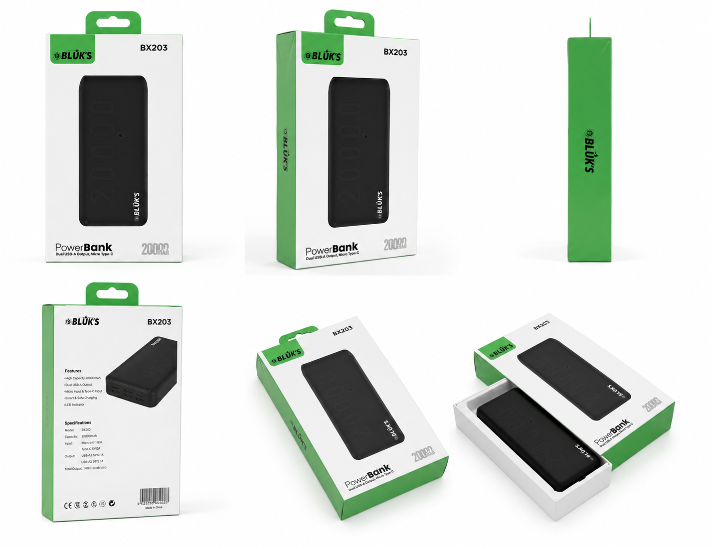 Bluk's 20000mAh Power Bank – Dual USB-A Output with Micro USB & USB Type-C Input